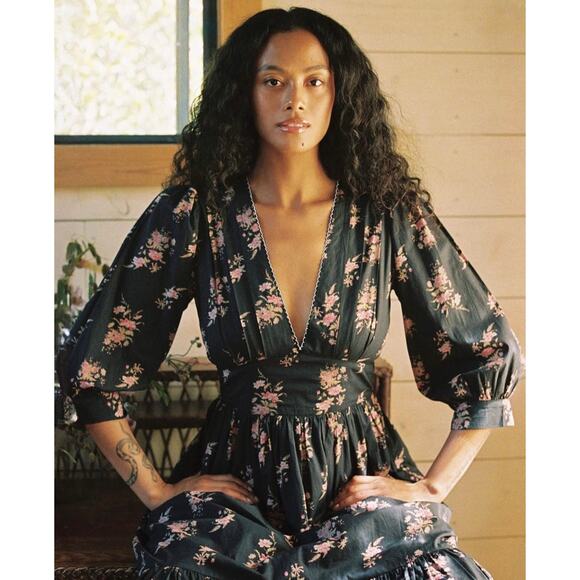 New Christy Dawn The Brigitte Dress Night Bouquet Black Flowers Maxi Small - Picture 3 of 16